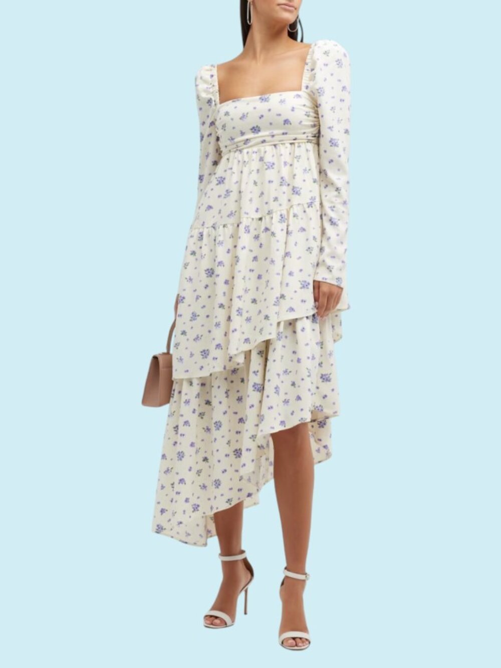 We Wore What Floral Dress Size 4 Ivory Asymmetrical Puff-Sleeve Tiered Flowy
